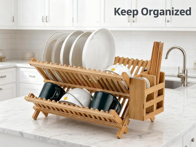 QUEENKAY Dish Drying Rack Collapsible 2-Tier Bamboo Dish Rack for Kitchen Counter Wooden Dish Drainer with Foldable Space-Saving Design for Dishes, Plates, and Cups
