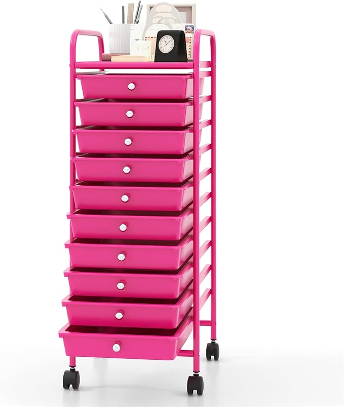 MEDIMALL 10 Drawers Rolling Storage Cart, Multipurpose Craft Storage Cart with Wheels, Mobile Tools Scrapbook Paper Organizer Cart for Office School Home Use