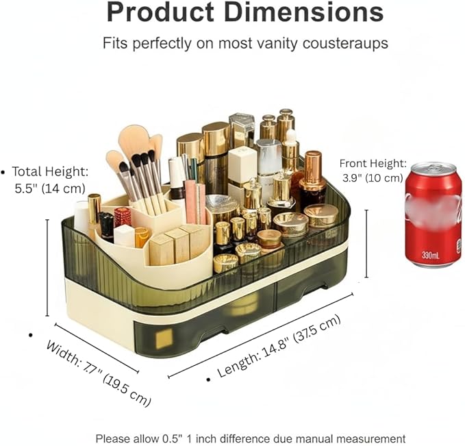 Makeup Organizer Countertop with Dual Drawers, Large Capacity Cosmetic Storage for Vanity Bathroom Skincare, 360° Rotating Makeup Brush Holder