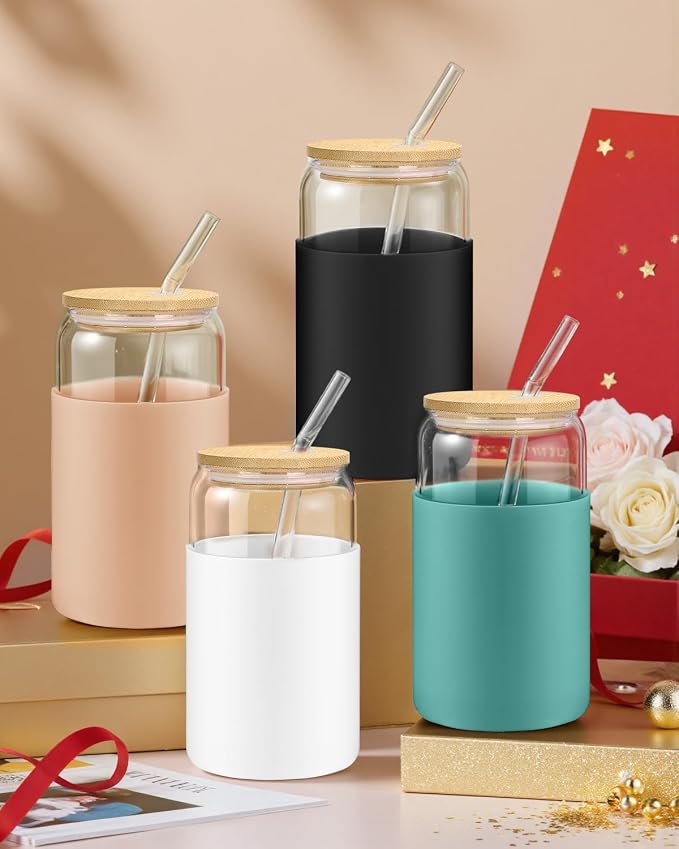 sungwoo Glass Cups with Lids and Straws, 4 Pack 16OZ Iced Coffee Cups with Silicone Sleeve, Glass Tumbler with Straw and Bamboo Lid, Home Essential Drinking Set for Juice, Cocktail and Latte 4 Colors
