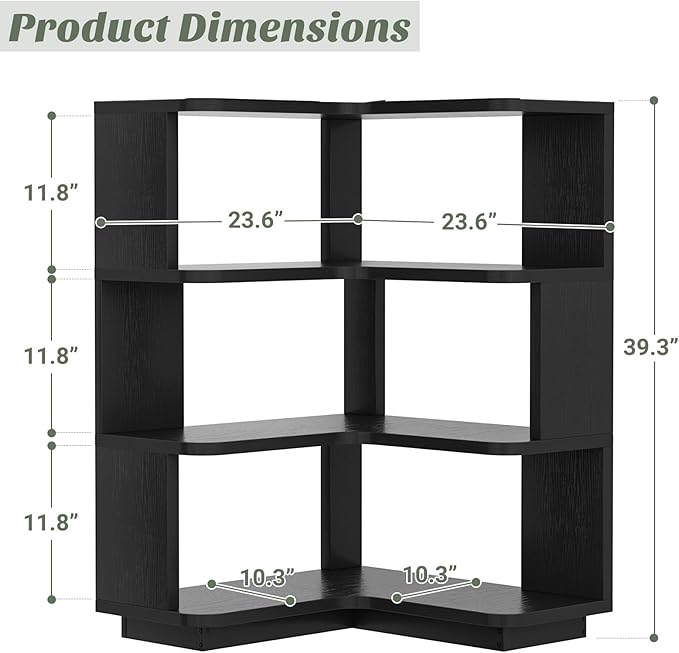 Armocity Corner Book Shelf - 4 Tier Corner Bookshelf Etagere Bookcase with Baffle, Freestanding L Shaped Display Shelf Stand for Home Office, Living Room, Bedroom, Kitchen, Black