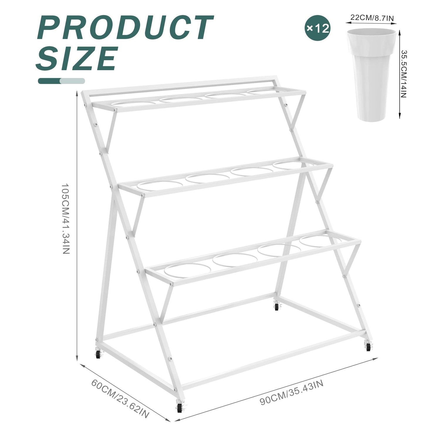 Asee'm Flower Display Stand with 12 Buckets Metal Flower Bar Stand 3 Layer Heavy Duty Flowers Cart Display with Wheels Moving Florist Bouquet Shelf for Indoor Outdoor Patio Decor Terrace Wedding White