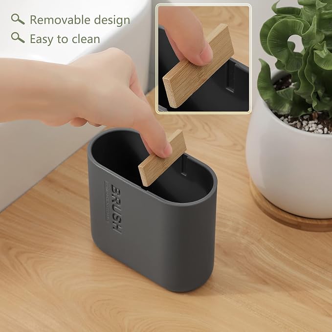 Toothbrush Holders Bamboo Electric Toothbrush Holder Bathroom Storage Organizer Countertop for Toothpaste, Floss, Razor, Grey