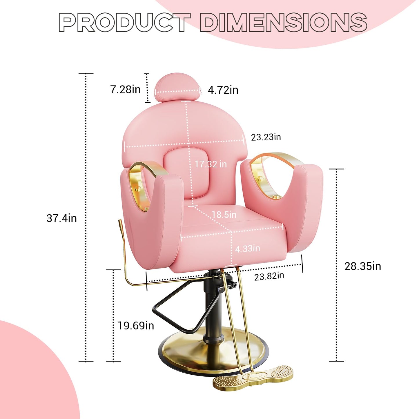 Professional Reclining Salon Barber Chair with Heavy-Duty Pump, Height-Adjustable & 360° Swivel Styling Chair, 330 LBS Capacity, Comfortable High-Density Cushion for Spas, Tattoo Studios, Pink & Gold