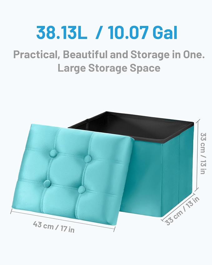 AmasSmile Storage Ottoman Foot Rest Stool, 17 inch Velvet Footstool Bench, Short Ottomans Stool, Small Folding Storage Ottoman Store Books, Records, Teal