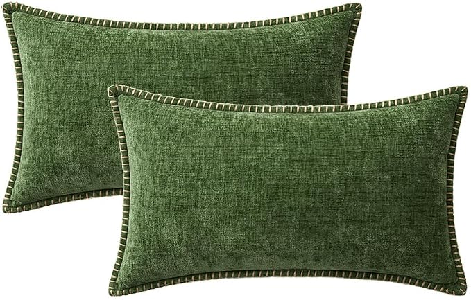 MIULEE Pack of 2 Lumbar Throw Pillow Covers 12x20 Inch Moss Green Farmhouse Decorative Pillow Covers Stitched Edge Soft Chenille Solid Dyed Pillow Covers for Couch Sofa Bed Living Room, Forest Green