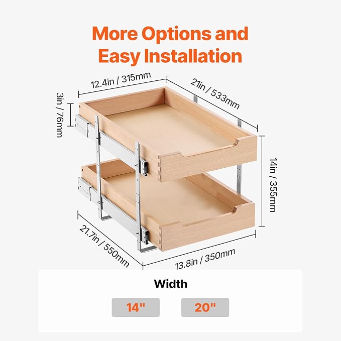 VEVOR 2 Tier Pull Out Cabinet Organizer, 14" W x 21" D Cabinet Drawer, Soft Close Slide out Shelf, Heavy-Duty Sliding Wood Drawer, Adjustable Base Cabinet Organization for Kitchen Pantry Bathroom