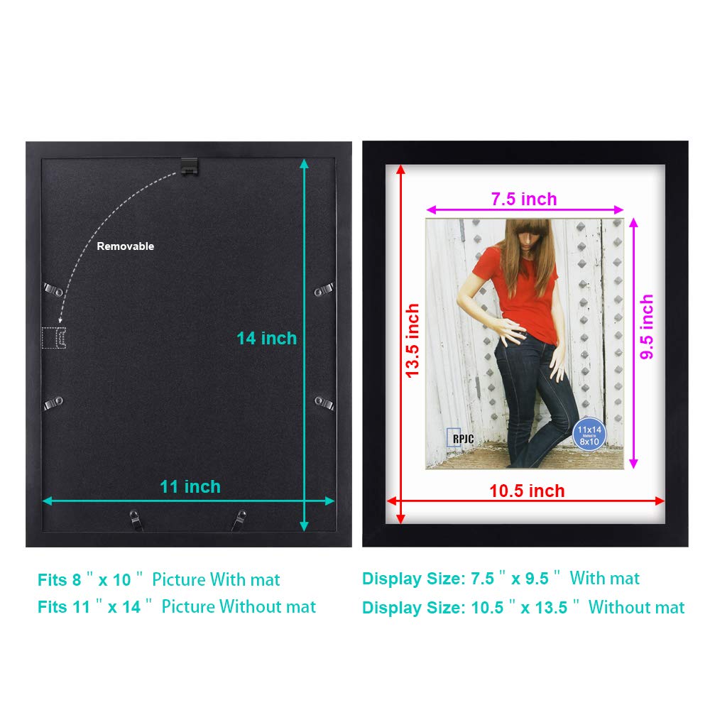 RPJC 11 x 14 Picture Frames Made of Solid Wood and High Definition Glass Display Pictures 8x10 with Mat or 11x14 Without Mat for Wall Mounting Photo Frame Black