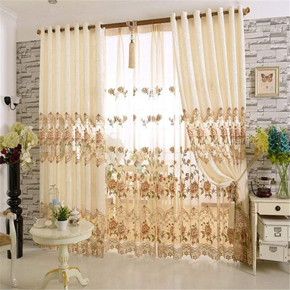 WPKIRA Delicate European Embroidered Floral Sheer Curtains Rod Pocket Royal Romantic Window Treatment Voile Curtain for Bedroom/Villa Natural Light Flow Luxury Tulle Curtain 1 Panel W40 x L84 inch