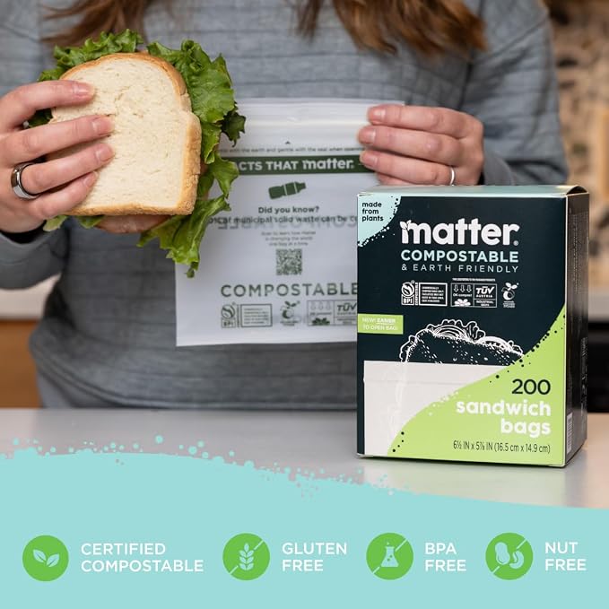 Matter Compostable Sandwich Bags for Food Storage, Eco-Friendly, Resealable, 200 Count