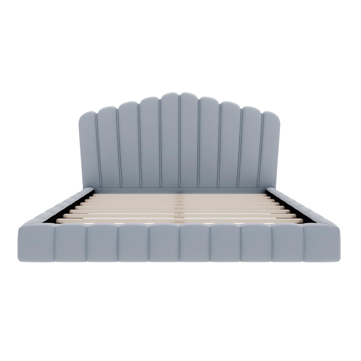 Merax Queen Size Floor Platform Bed Frame,Velvet Upholstered Bedframe with Shell-Shaped Headboard and Cushioning All Around Guards for Bedroom,No Box Spring Needed,Light Blue