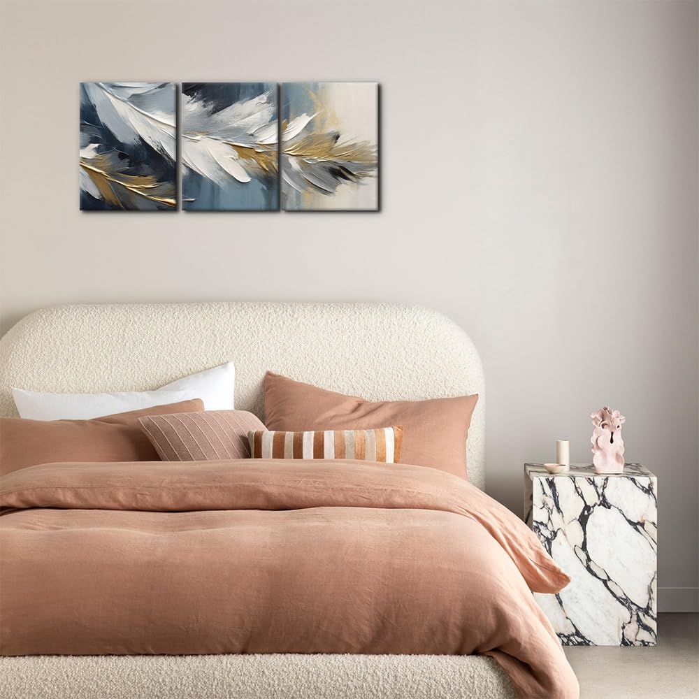 Pacimo Abstract Canvas Wall Art, Set of 3 Framed Painting Prints, Feather Pictures Modern Wall Decor for Living Room Bedroom Office Home Decor Ready to Hang - 12"x16"x3 Panels