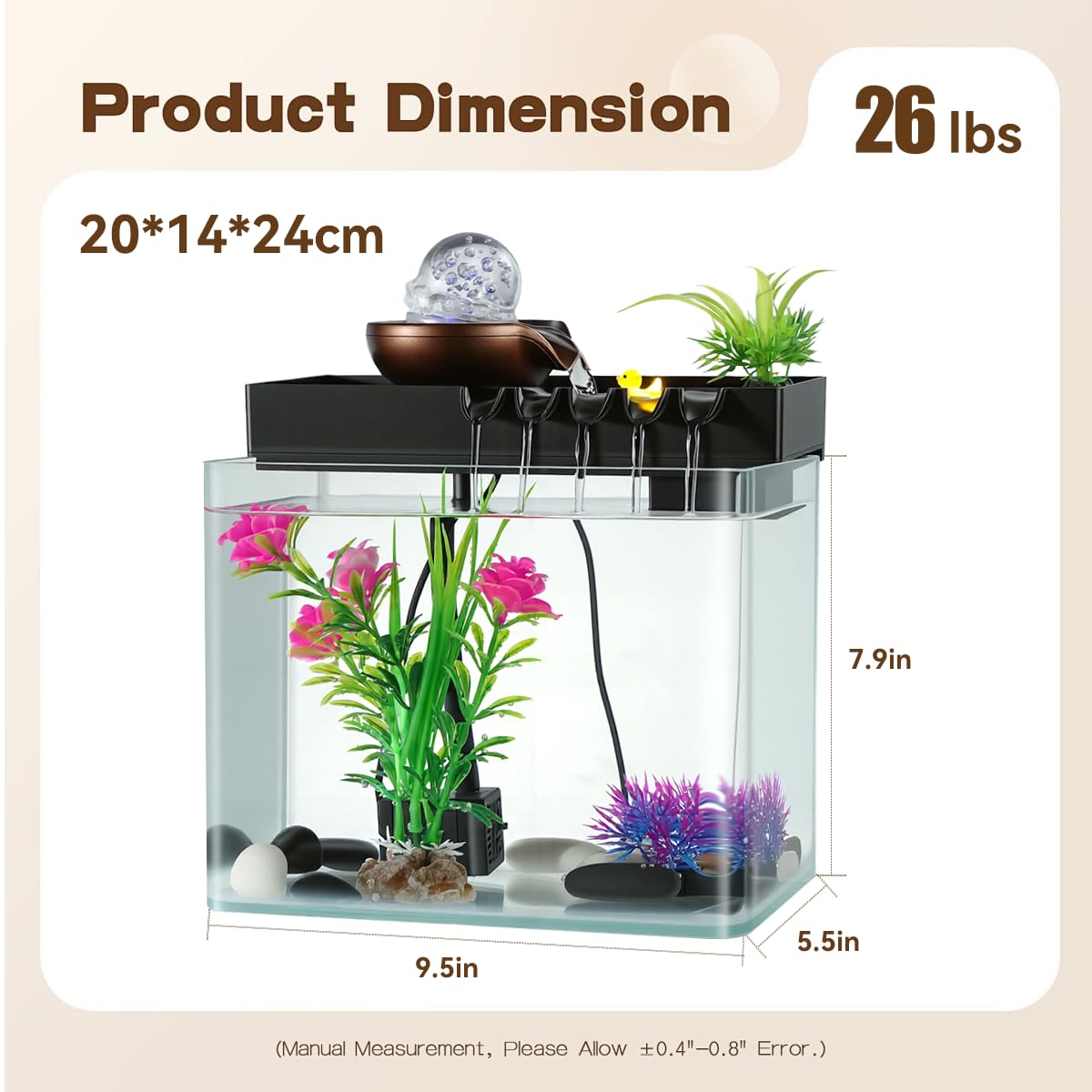 GY SoftGleam Indoor Water Fountain, 5-in-1 Tabletop Waterfall with Fish Tank & Mist Spray Humidifier, Desktop Fountain for Office Decor, Relaxing Small Water Feature for Bedroom Living Room Home
