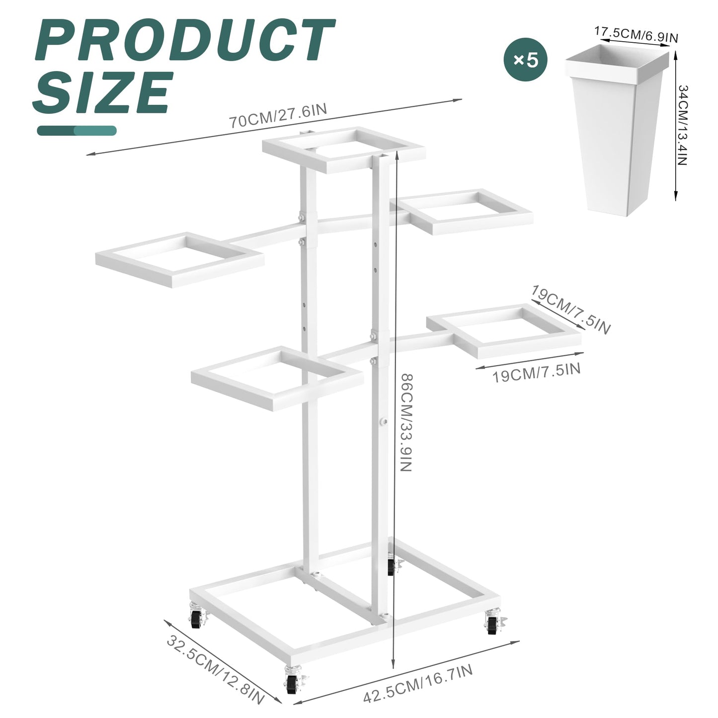 Asee'm Flower Display Stand with 5 Square Buckets Multi-tiered Metal White Flower Cart Stand with Wheels Moving Plant Stand Bar Shelf Flower Holder for Indoor Outdoor Patio Garden Florist Wedding