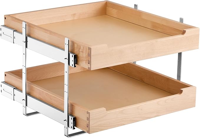 VEVOR 2 Tier Pull Out Cabinet Organizer, 20" W x 21" D Cabinet Drawer, Soft Close Slide out Shelf, Heavy-Duty Sliding Wood Drawer, Adjustable Base Cabinet Organization for Kitchen Pantry Bathroom