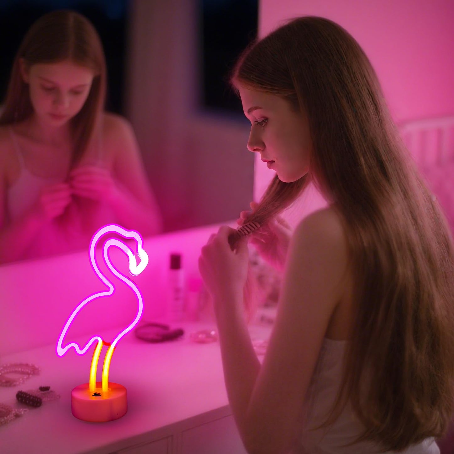 Flamingo Neon Sign - Pink LED Neon Lights USB/Battery Powered Room Decor for Bedroom, Party, Bar, Birthday Gifts for Women and Girls