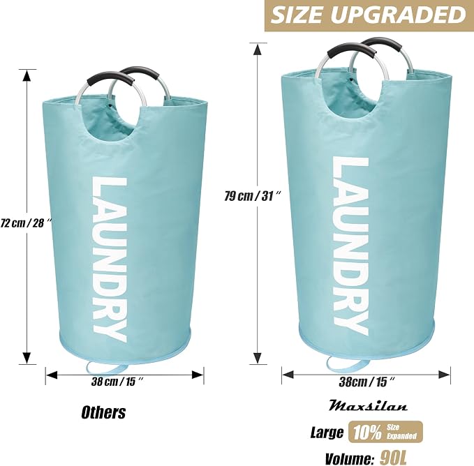 Maxsilan 90L Large Laundry Basket, Freestanding Tall Clothes Hamper, Collapsible Laundry Bag, Light Blue