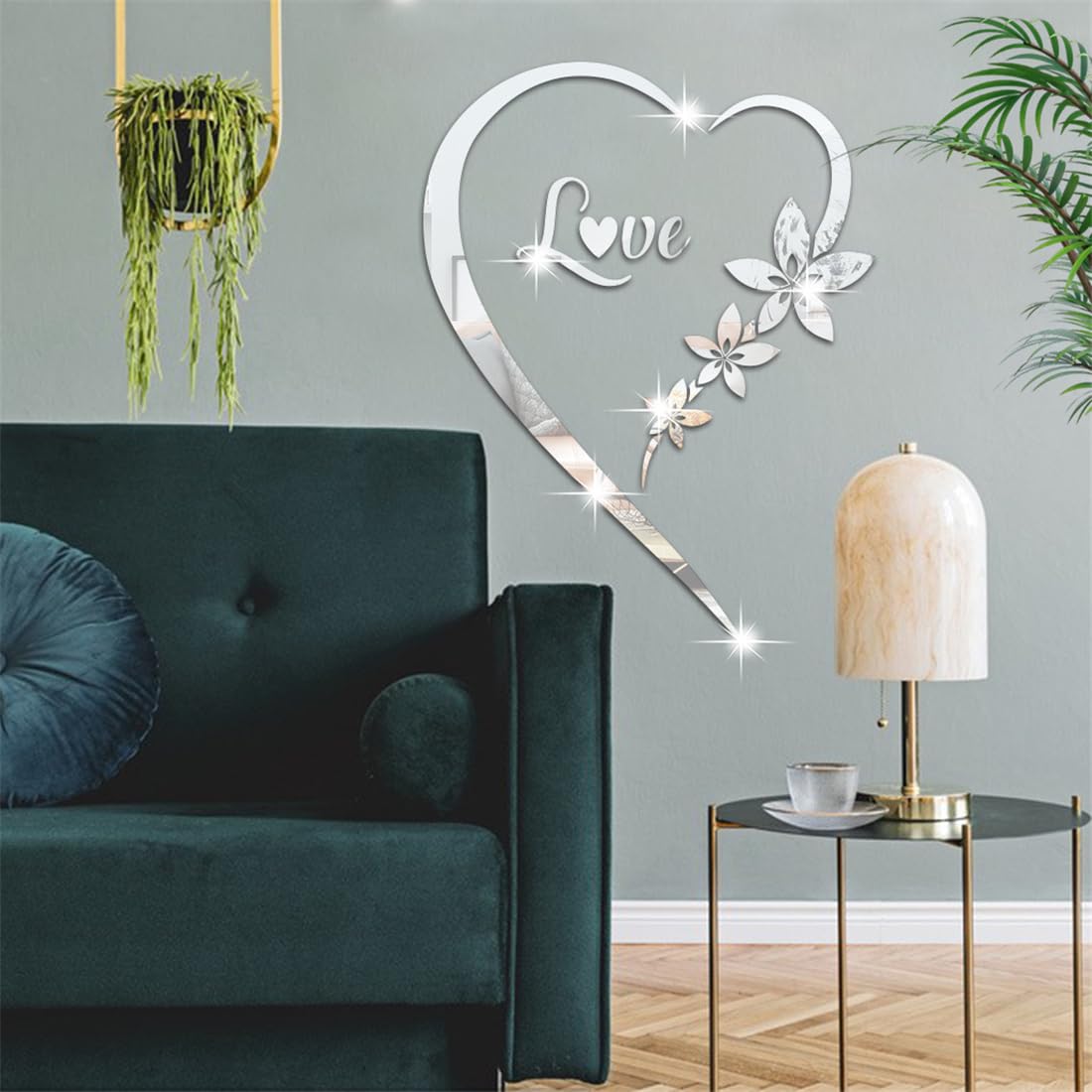 Heart Shape Mirror Wall Sticker, Self-Adhesive Love Heart Acrylic Mirror Wall Stickers Art Mural, DIY Walls Art Home Decor Heart Mirror Wall Decals for Living Room Bedroom Bathroom Office (Silver)
