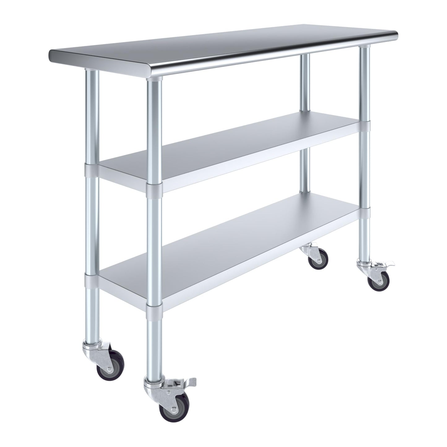 AmGood Stainless Steel Work Table with 2 Shelves and Casters | Metal Utility Table On Wheels (Stainless Steel Work Table with 2 Shelves + Casters, 48" Long x 18" Deep)