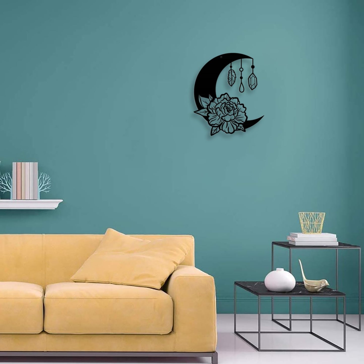 DUOOLN Moon Metal Floral Art Decor - 11" Black Boho Floral Rose Star Phase Wall Sign, Half Moon Flower Sculpture Hanging Wall Decor for Bedroom Living Room Home Wall Decoration