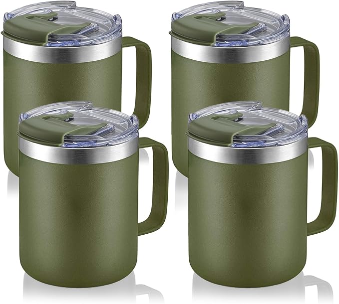 12oz Stainless Steel Insulated Coffee Mug with Handle, Double Wall Vacuum Tumbler Cup with Fliping Lid, Army Green, 4 Pack