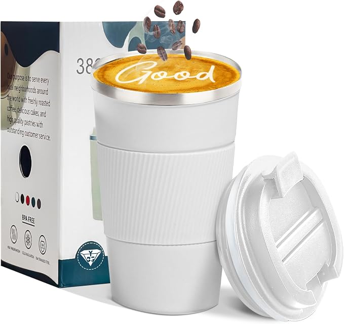 YINBAOGE Insulated Travel Coffee Mug, Spill & Leak Proof, Portable To Go Camping Stainless Steel Coffee Tumbler, Reusable Thermal Coffee Cup with Lid for Hot & Cold Drinks (White, 17 OZ)
