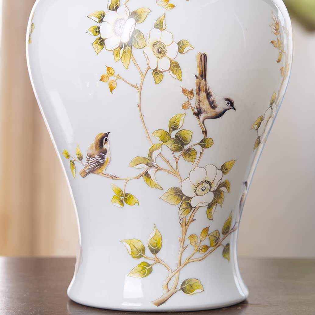 ZHOUXIAO White Ceramic Ginger Jar with Lid for Home Decor,Traditional Chinese Flowers and Birds Temple Jar, Jingdezhen Handcrafted Porcelain Vase Centerpiece Decor M