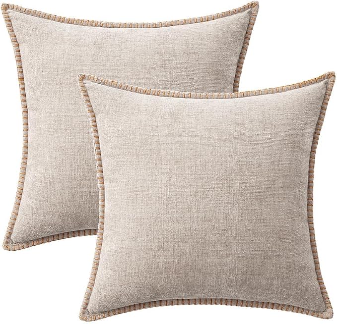 MIULEE Pack of 2 Couch Throw Pillow Covers 18x18 Inch Taupe Farmhouse Decorative Pillow Covers with Stitched Edge Tan Soft Chenille Solid Dyed Pillow Covers for Sofa Bed Living Room
