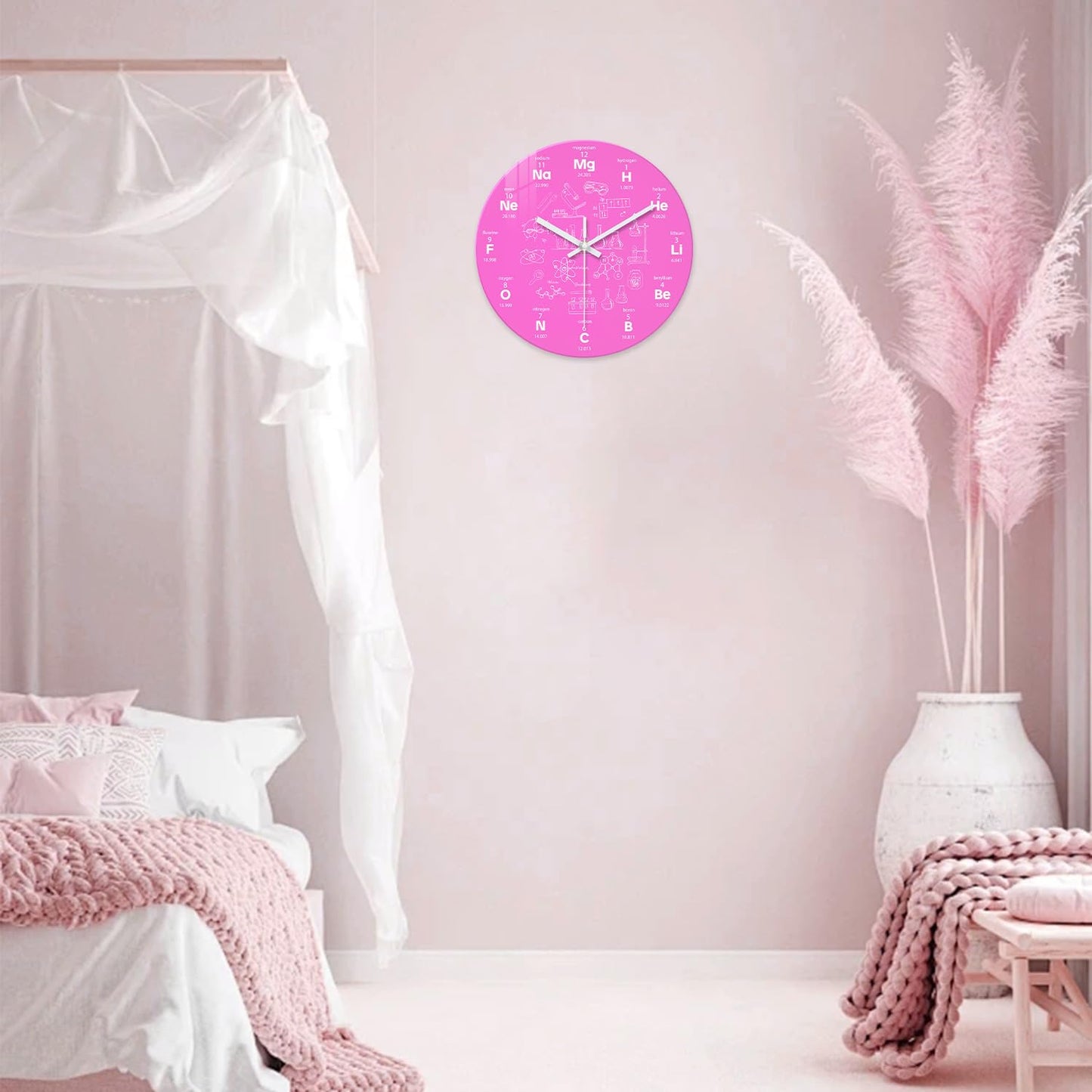 XNM Pink Chemical Clock for Girls Bedroom Wall Clocks Battery Operated Round Glass Analog Science 12 Inch Silent Wall Clock