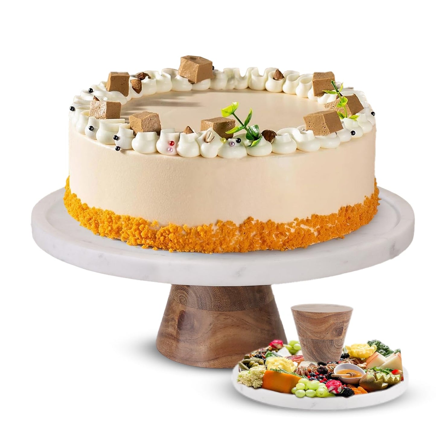 Memoravita Marble & Acacia Wood Cake Stand - 11 Inch Round Cake Display for Weddings, Birthdays & Parties - Dessert Stand for Cakes, Muffins, Pastries, Bread - Kitchen Décor - White Marble Top