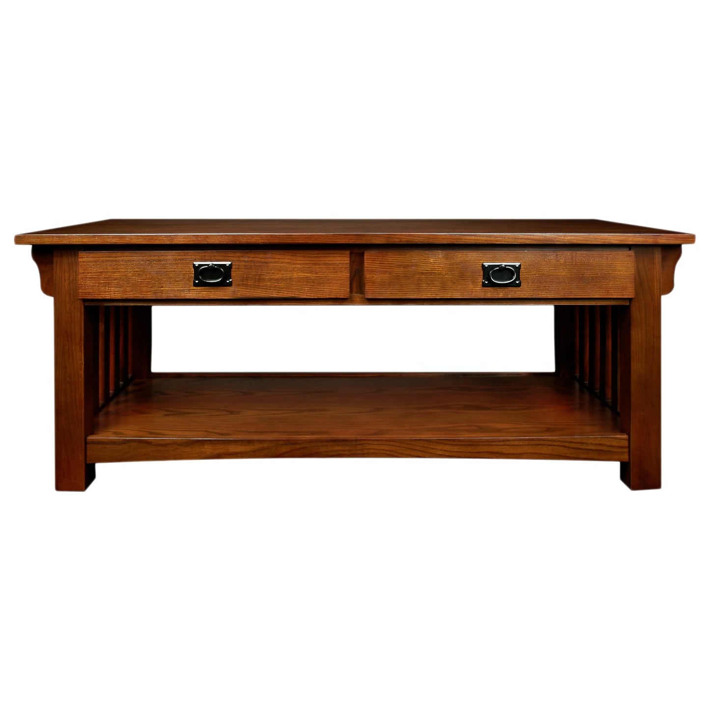 Leick Home Mission Impeccable Coffee Table, Solid Wood with 2 Drawers & Shelf, Medium Oak Finish, Blackened Hardware, Slatted Sides, Easy Assembly, 48 in W x 24 in D x 19 in H, 8204