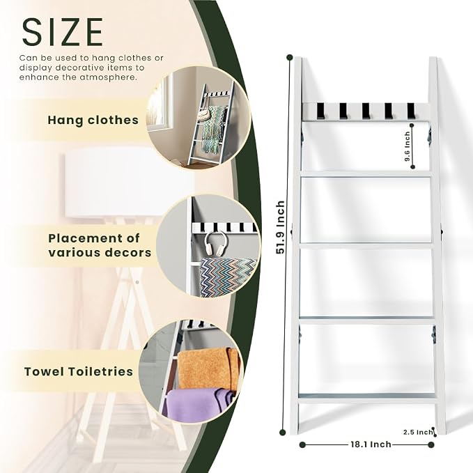 White Decorative Wooden Blanket Ladder for The Living Room and Bedroom, 5.2ft, Pine Wood Quilt Ladder, 5-Tier Wall Leaning Blanket Rack Stand for Home Décor