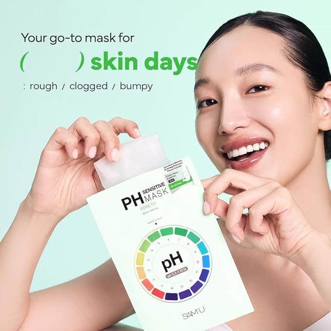 SAM?™U PH Sensitive Pore Fit Face Mask ??Pore Tightening & Exfoliating Vegan Sheet Mask with AHA, BHA, PHA, LHA, Texture Refining, Travel-Friendly Korean Skincare (5 Sheets)