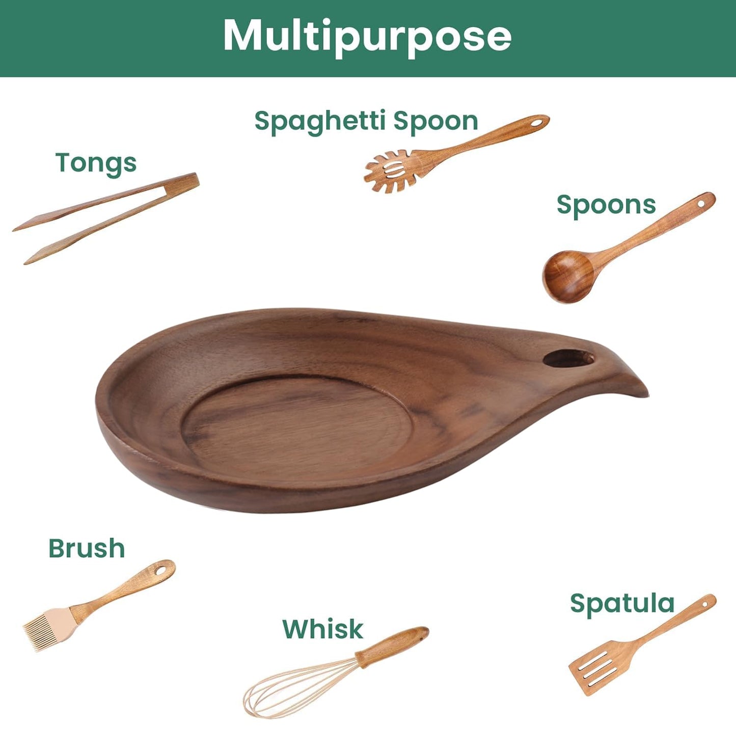 Wooden Spoon Rest for Kitchen, Spoon Holder for Stove Top or Countertop, Perfect Holder for Spatula, Spoons or Tongs(Walnut,Wood)