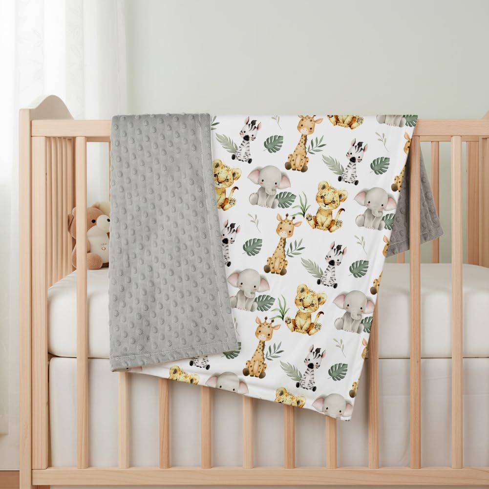 FIGEPO Safari Jungle Animals Baby Blanket Gender Neutral Blankets for Newborn Baby Girls or Boys Nursery Toddler Double Layer Blanket with Dotted Backing and Animal Printed (Animal 1)