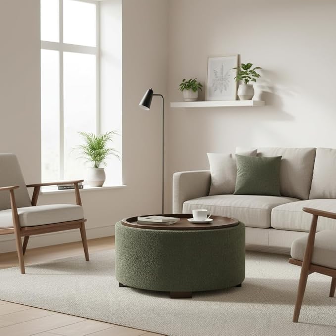 Zihanhome 30 Inch Round Storage Ottoman Coffee Table, Modern Boucle Ottoman with Lift-Off Lid and Solid Wood Legs for Living Room, Bedroom, Corners, Apartments (Green)