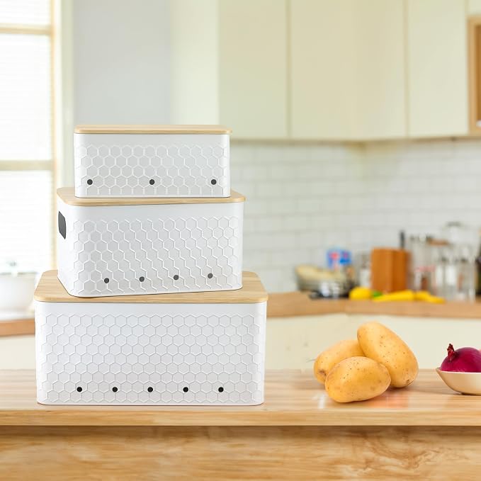 Kitchen Vegetable Storage Set of 3, Metal Onion Garlic Potato Storage Set, Kitchen Canisters Vegetable Keeper Containers with Aerating Holes and Bamboo Lid,Embossed White