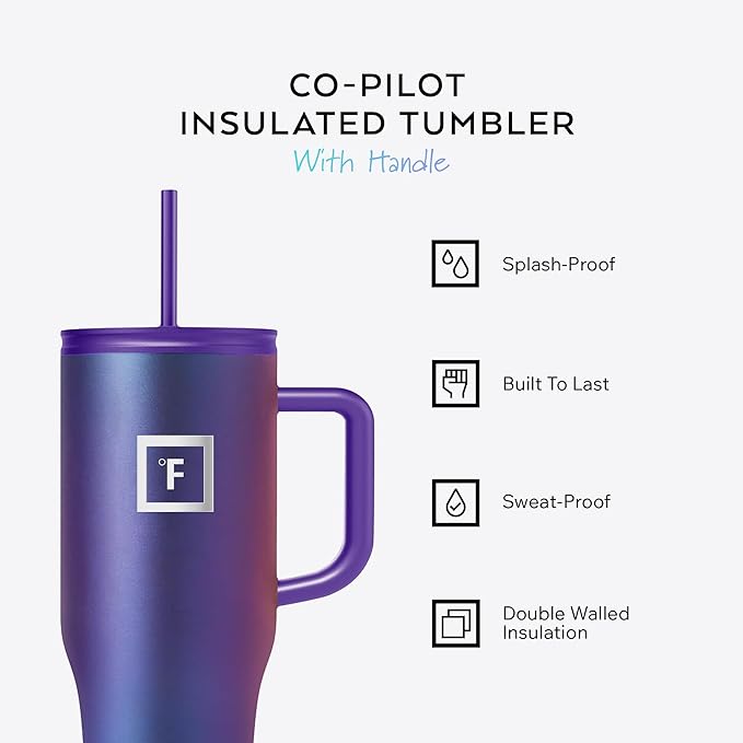 IRON °FLASK Co-Pilot Insulated Mug w/Straw & Flip Cap Lids - Cup Holder Bottle for Hot, Cold Drink - Leak-Proof - Water, Coffee Portable Travel Mug - Rose Gold, 32 Oz