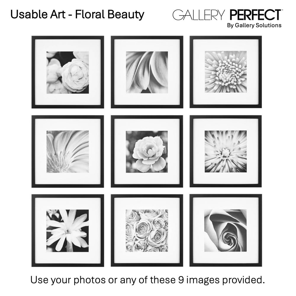 Gallery Perfect 12x12 Picture Frames, 9 Piece Set with Real Glass Cover for 8x8 Photos With Mat, Picture Frames Collage Wall Decor for Gallery Wall, Home Decor, Black
