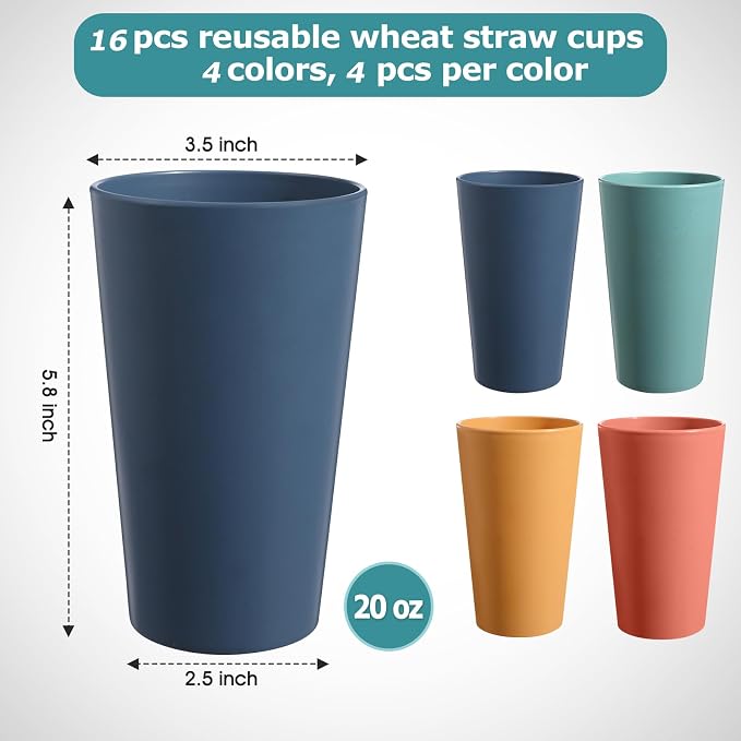 HEYCOME Set of 16 Wheat Straw Cups, 16 Pcs 20 oz Unbreakable Drinking Cups, Reusable Plastic Cups Sets, Water Glasses Tumblers, Microwave & Dishwasher Safe, Bpa Free, 4 Colors