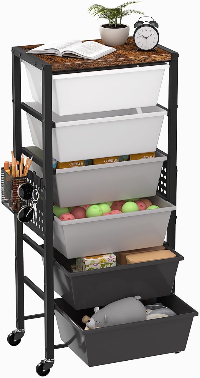 Rolling Cart with Drawers, Rolling Storage Cart with Large Plastic Drawers & Wooden Tabletop, Utility Cart with Pegboards & Basket, Storage Drawers Cart for Living Room, Classroom, Bedroom, Office