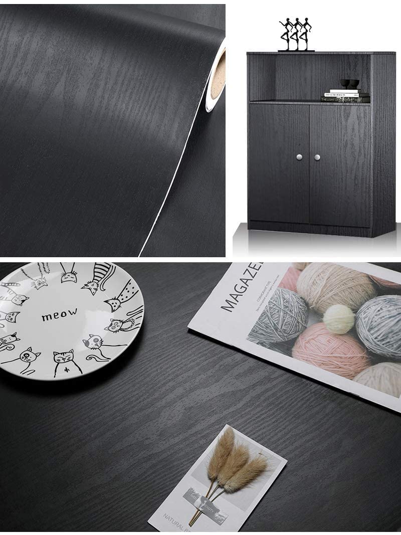 Black Wallpaper - Wood Peel and Stick Wallpaper – Black Wood Self-Adhesive & Removable Wall paper for Countertop Furniture Kitchen Wall, Countertop Contact Paper, Easy to Clean, 17.7” × 118” Vinyl
