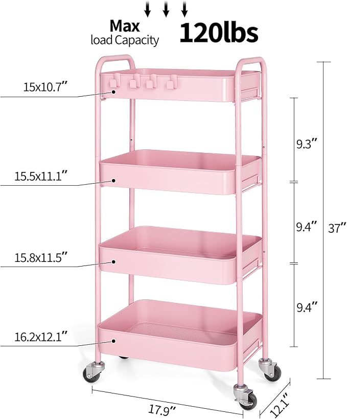 TOOLF 4-Tier Rolling Cart - Metal Storage Organizer with Lockable Wheels, 44 lbs Per Shelf Capacity, Tool-Free Assembly, for Kitchen Bathroom Office Laundry Room Nursery, Pink