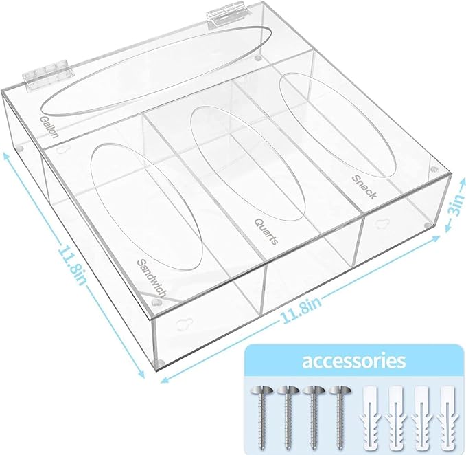 Plastic Bag Holder, Ziplock Bag Storage Organizer Acrylic Plastic Bags Organizer Drawer & Wall-Mount for Sandwich, Snack, Quartz, Gallon/Freezer
