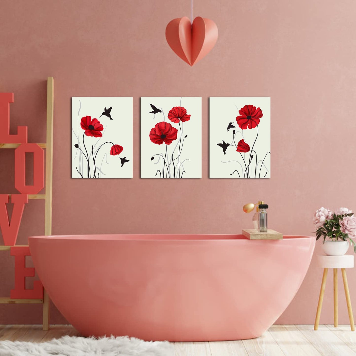Biuteawal 3 Panels Red Poppy Picture Prints on Canvas Hummingbird with Flower Painting Wall Art Retro Flower Artwork Home Dining Room Bedroom Bathroom Framed Ready to Hang