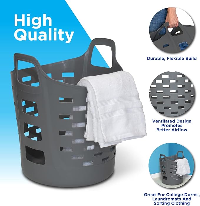 Clorox Flexible Laundry Basket - Plastic Hamper for Clothes, Bedroom, and Storage - Portable Round Bin with Carry Handles, 1 Bushel, Grey