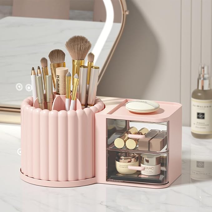 360 Rotating Makeup Organizer Countertop with 2 Drawers, Makeup Brush Holder, Small Preppy Organizer, 9.25x5.11 Inch, Pink