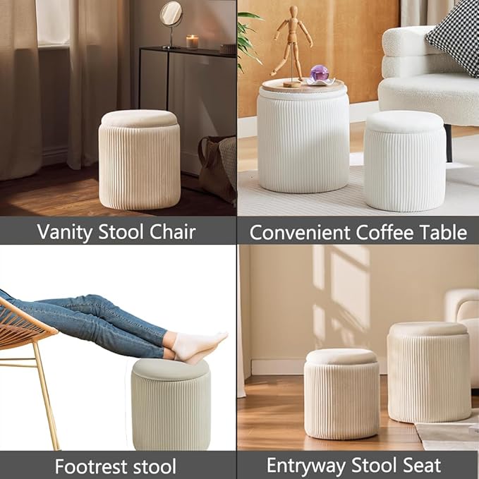 BLEXA Round Ottoman with Storage Set of 2-Upholstered Velvet Vanity Stool for Makeup Multifunctional Ottomans Coffee Table Padded Seat Foot Rest for Living Room&Bedroom(White-Upgrade Tray Lid)