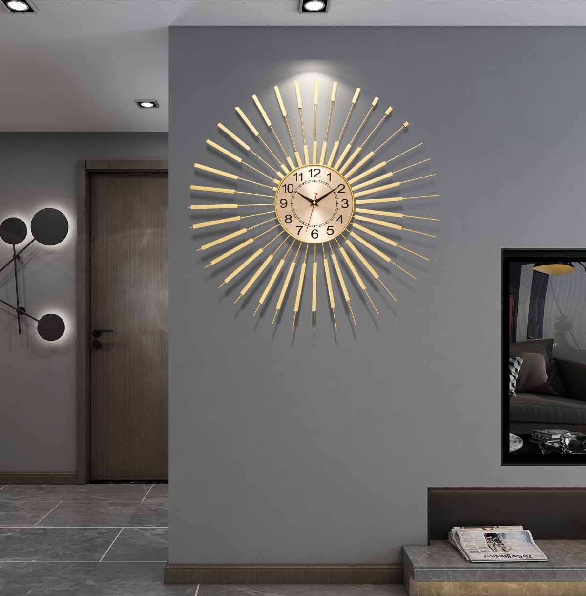 Large Wall Clocks for Living Room Decor 24 Inch Gold Starburst Wall Clock, Silent Non-Ticking Metal Wall Clocks Battery Operated, Mid Century Boho Farmhouse Modern Art Decor for Bedroom Office