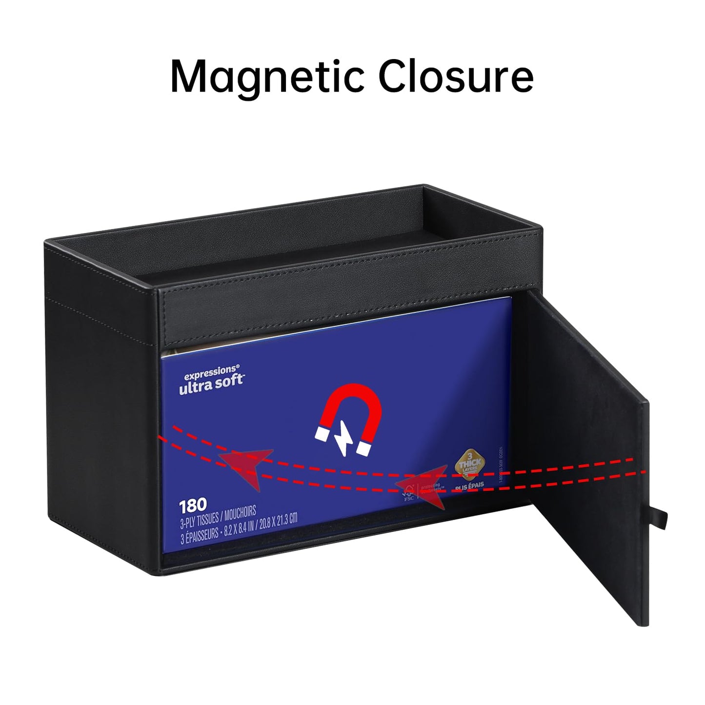 MEIBOOCH Plus Size Tissue Box Cover Rectangle, PU Leather Tissue Box Holder with Storage Tray, Decorative Organizer Tissue Holder for Bathroom, Bedroom Dresser, Night Stand, Office (Black)